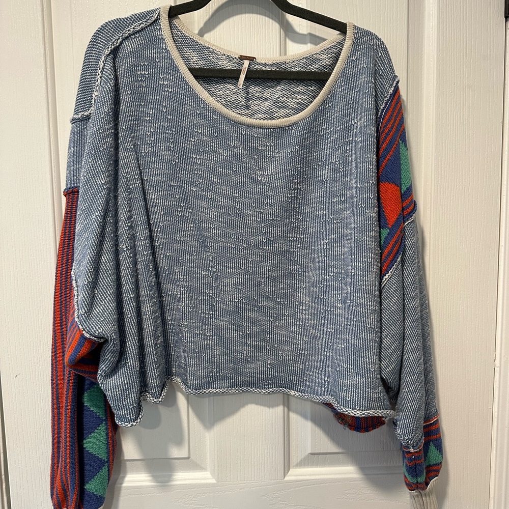 FREE PEOPLE Colorful Knit Sweater with Patterned Sleeves